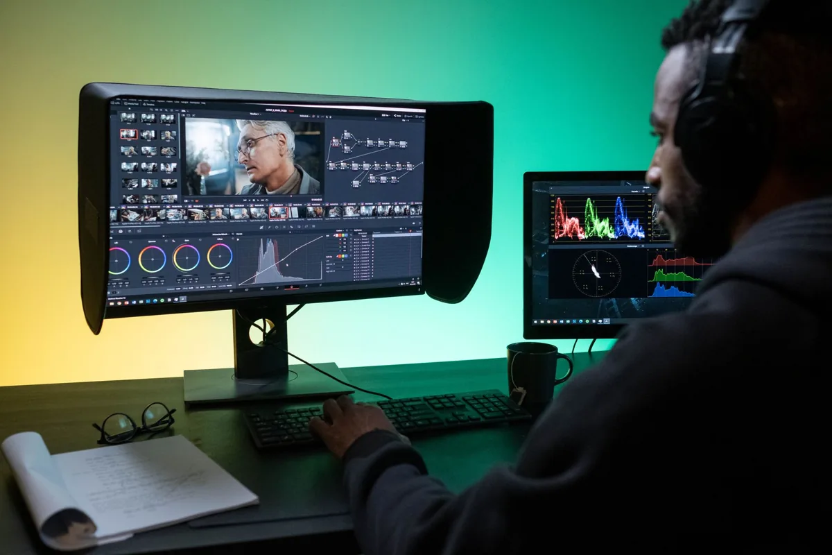 Une timeline de montage vidéo affichée à l'écran avec des sous-titres